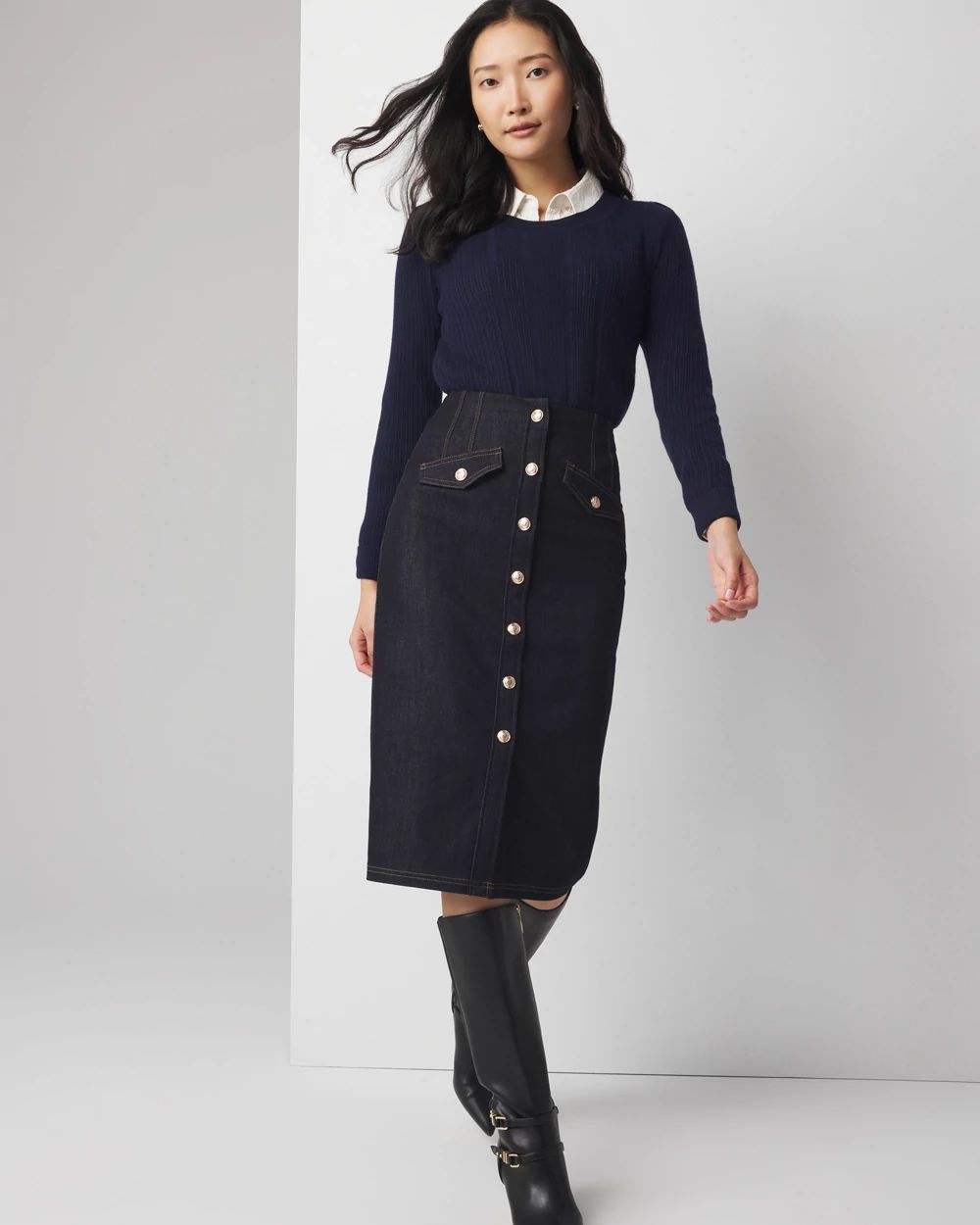 Tailored Button-Front Denim Skirt